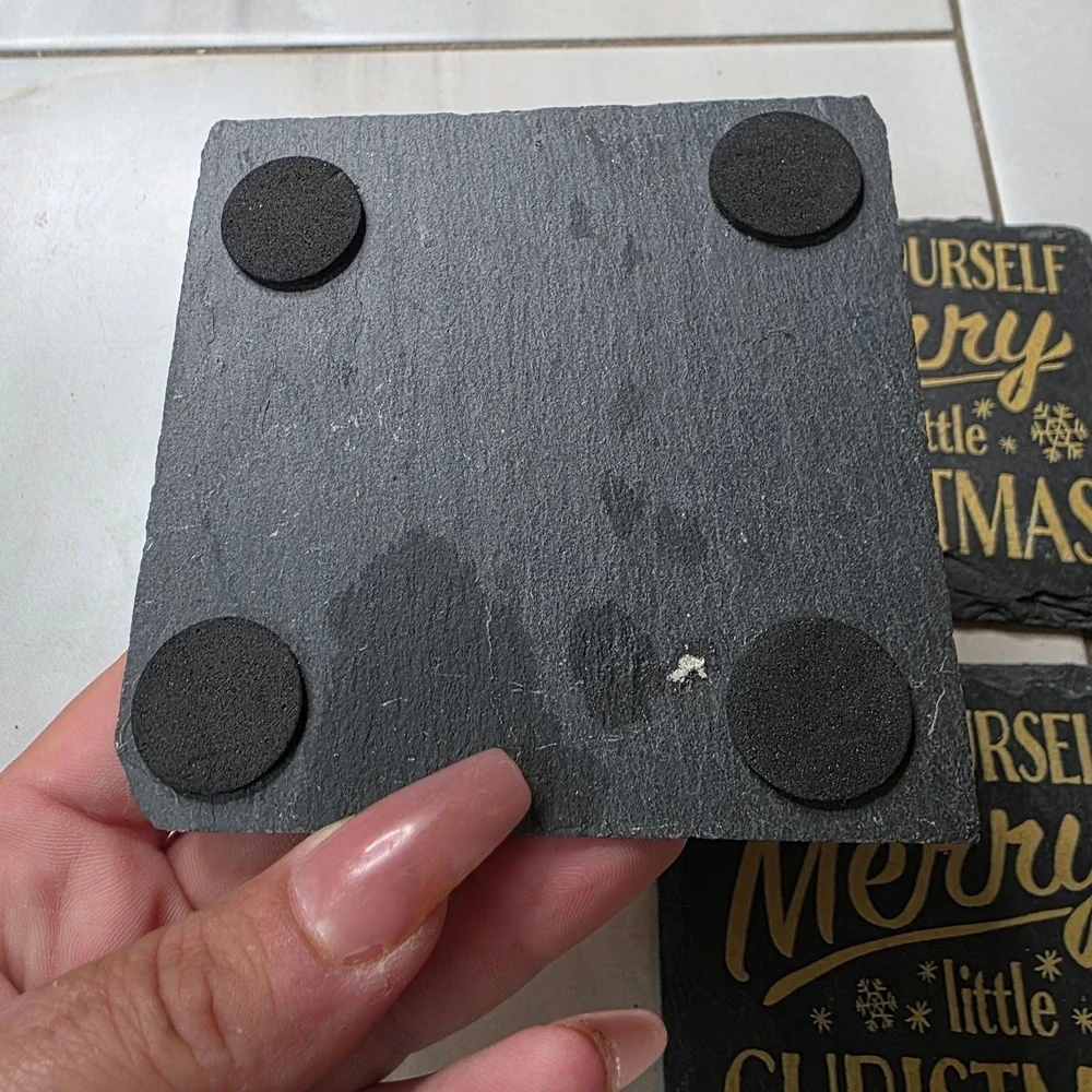 Merry Little Christmas Slate Coasters Set of 4 Black Gold Holiday Decor 4x4 G3